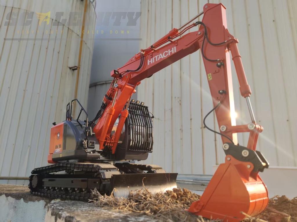 RC RTR 1/14 Hitachi Zx 135 graafmachine Lesu Tamiya kraan, Ophalen of Verzenden, Nieuw