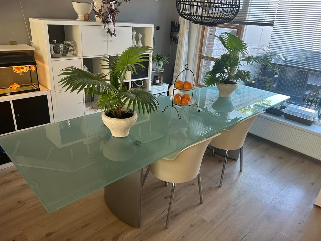 Grote glazen eettafel / vergadertafel - 3 meter lang, Ophalen, Gebruikt, 100 tot 150 cm, 200 cm of meer