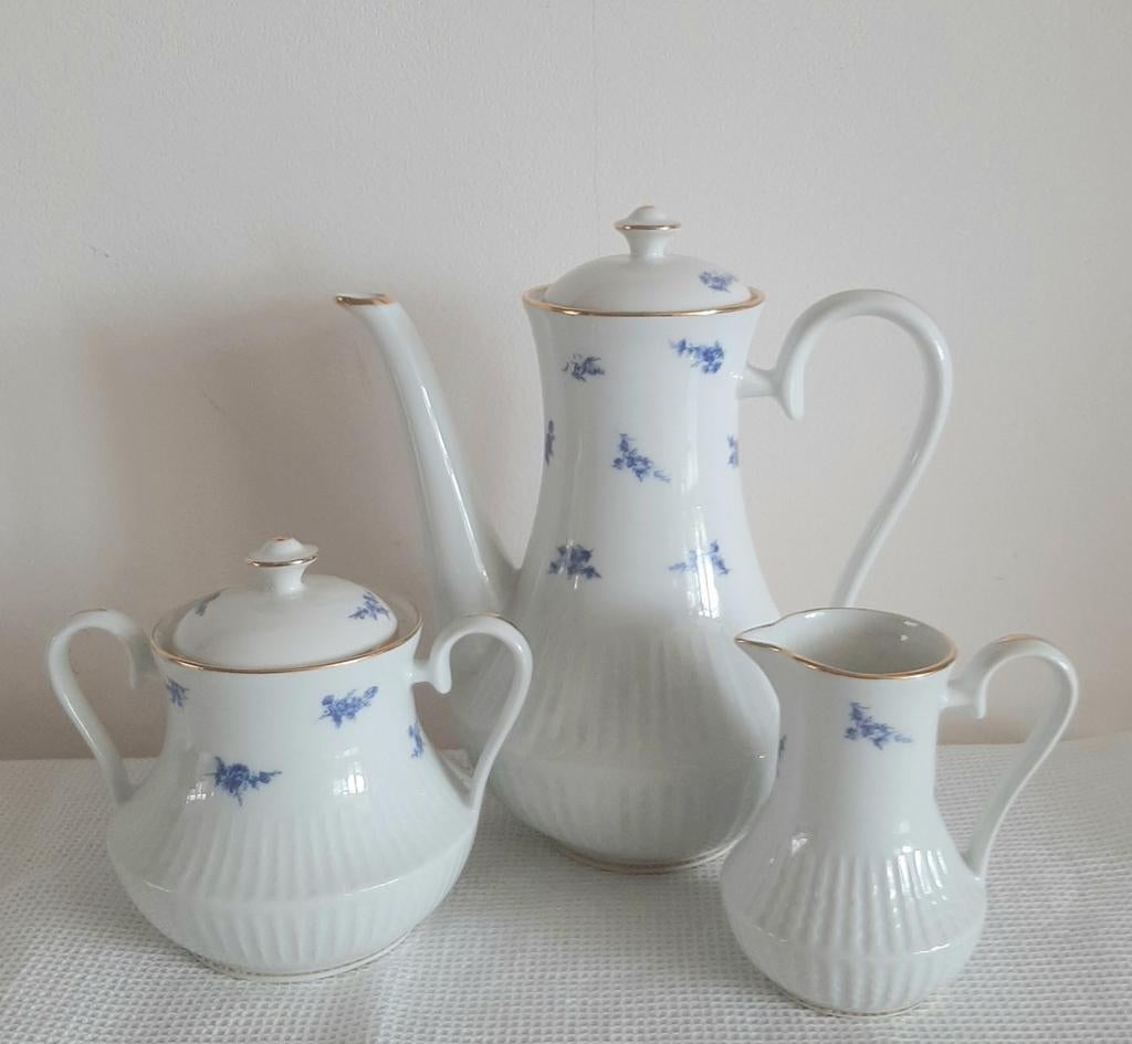 Frans vintage set, koffiepot melkkan suikerpot, blauw bloem, Ophalen