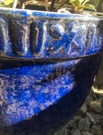 Uniek geglazuurde Oud Hollandse terracotta bloempot blauw, 40 cm of meer, Rond, Ophalen of Verzenden, Zo goed als nieuw