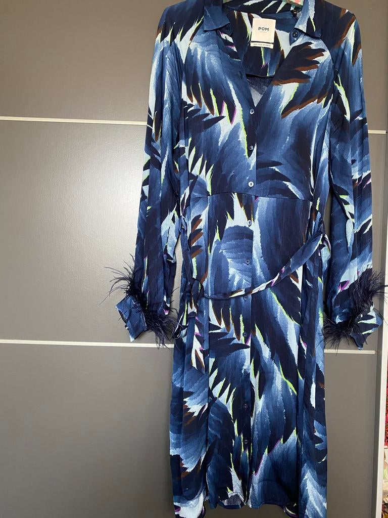 POM Amsterdam jurk met veren, Maat 38/40 (M), Blauw, Ophalen of Verzenden, Zo goed als nieuw