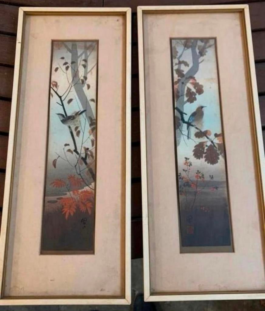 Houtdruk twee antieke Japanse houtdrukken met vogels, Ophalen of Verzenden