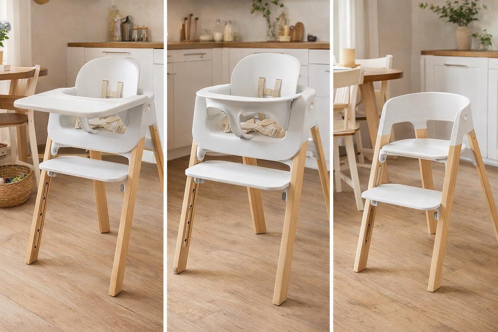 Stokke Steps kinderstoel wit met naturel houten poten, Kinderen en Baby's, Kinderstoelen, Gebruikt, Meegroeistoel, Afneembaar eetblad