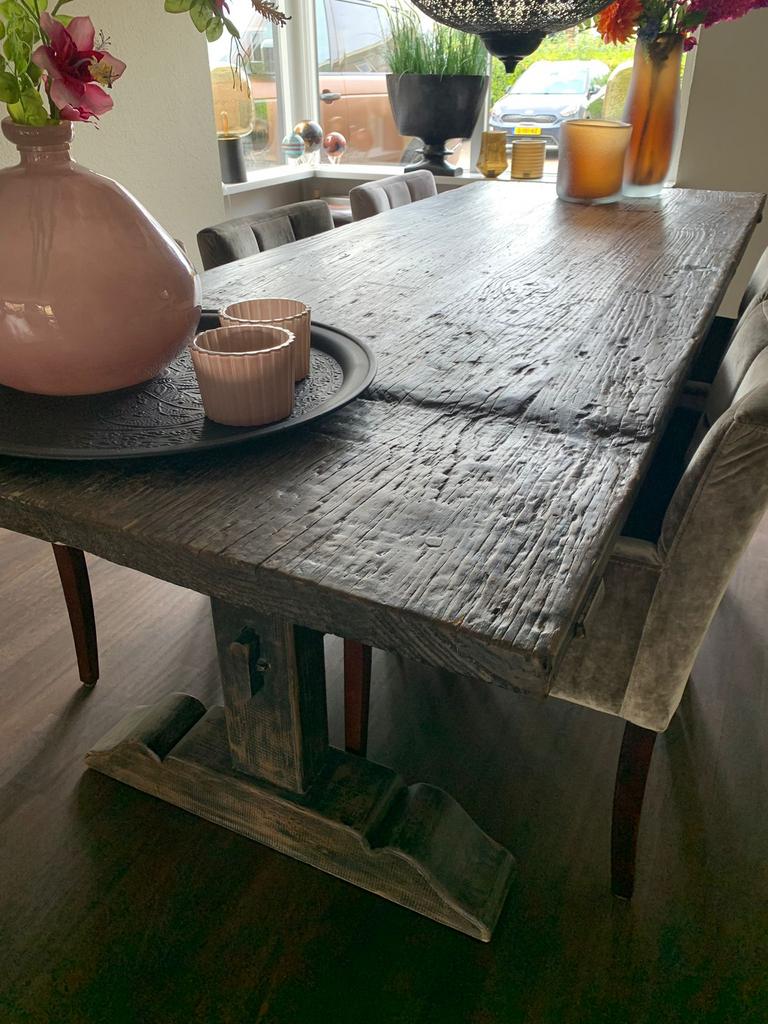 Eettafel Gert Snel, 255 lang, donker hout, uniek, Ophalen, Gebruikt, Landelijk, industrieel, 200 cm of meer