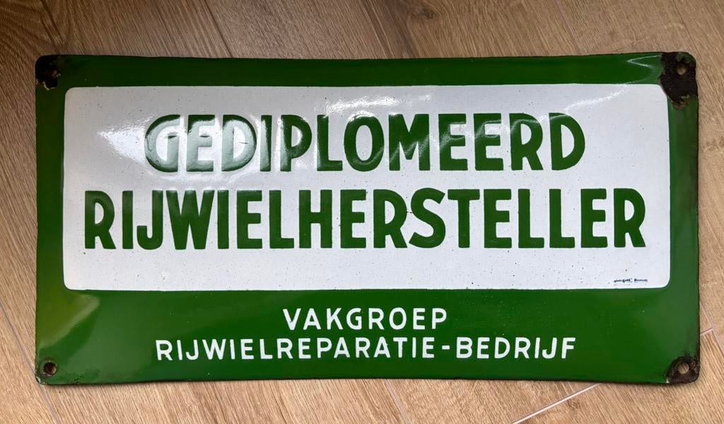 Emaille reclamebord Rijwielhersteller - jaren 30, Antiek en Kunst, Ophalen of Verzenden
