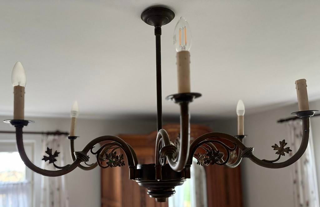 Kopere 6 armige lamp met uitgesneden blaadjes, Ophalen of Verzenden, Gebruikt, Antiek