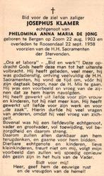 Klamer Josephus Bergen op Zoom 1903-1958 Roosendaal, Verzamelen, Bidprentjes en Rouwkaarten, Ophalen of Verzenden