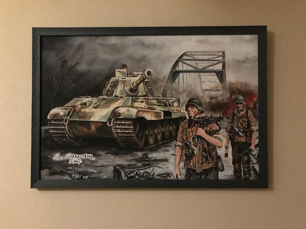 schilderij tank tiger wehrmacht brug v Arhnem, Ophalen, 50 tot 75 cm, Zo goed als nieuw, Schilderij