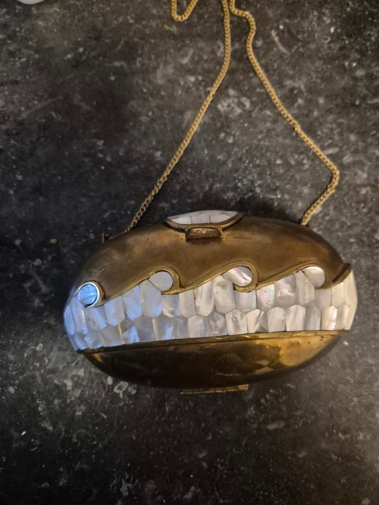 Vitage art deco messing en moeder van parel ovalen handtas, Ophalen of Verzenden