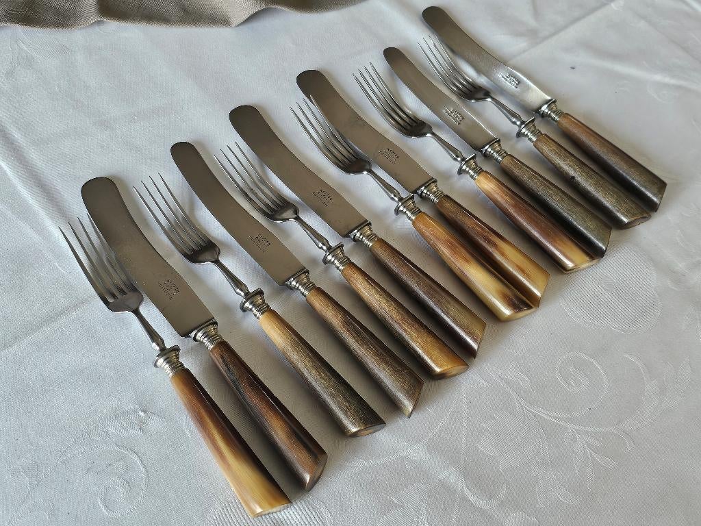 Antiek hoornen bestek 6 pers. voorgerecht messen + vorken, Antiek en Kunst, Ophalen of Verzenden