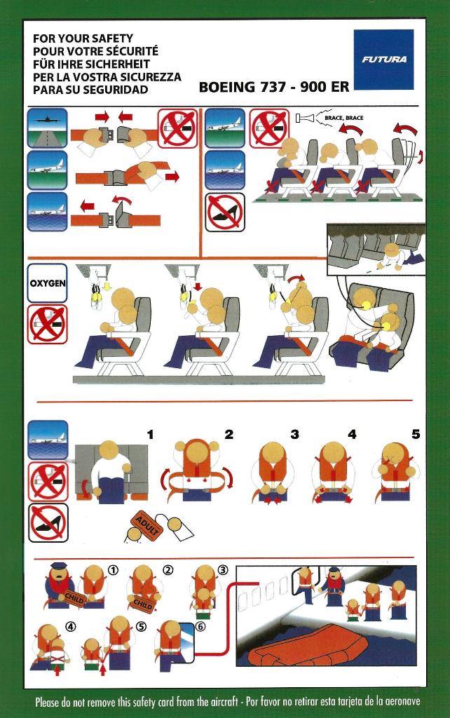 Safety Card - Futura Boeing 737-900ER, Ophalen of Verzenden, Gebruikt, Kaart, Foto of Prent