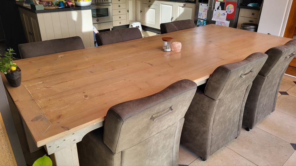 Grote massief houten eettafel., Ophalen, Gebruikt, 100 tot 150 cm, 200 cm of meer