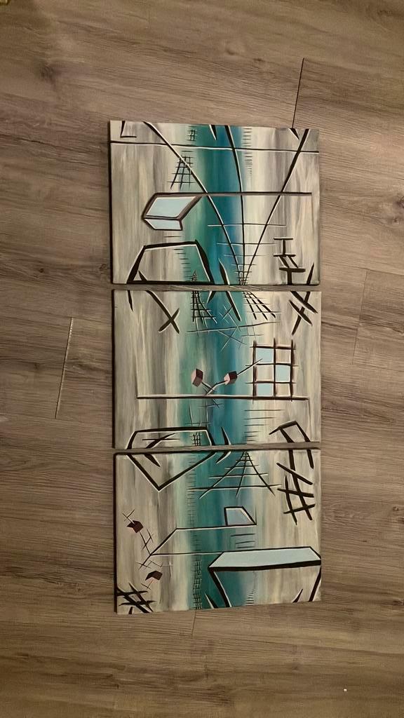 Drieluik abstract schilderij olieverf, Huis en Inrichting, Woonaccessoires | Wanddecoraties, Nieuw, Ophalen
