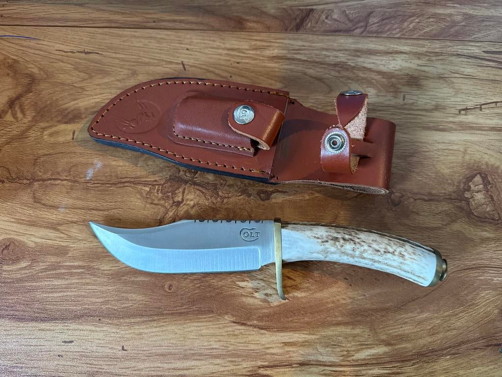 Colt .45 Bowie Mes met Gewei Handvat en Leren Schede, Ophalen of Verzenden, Zo goed als nieuw