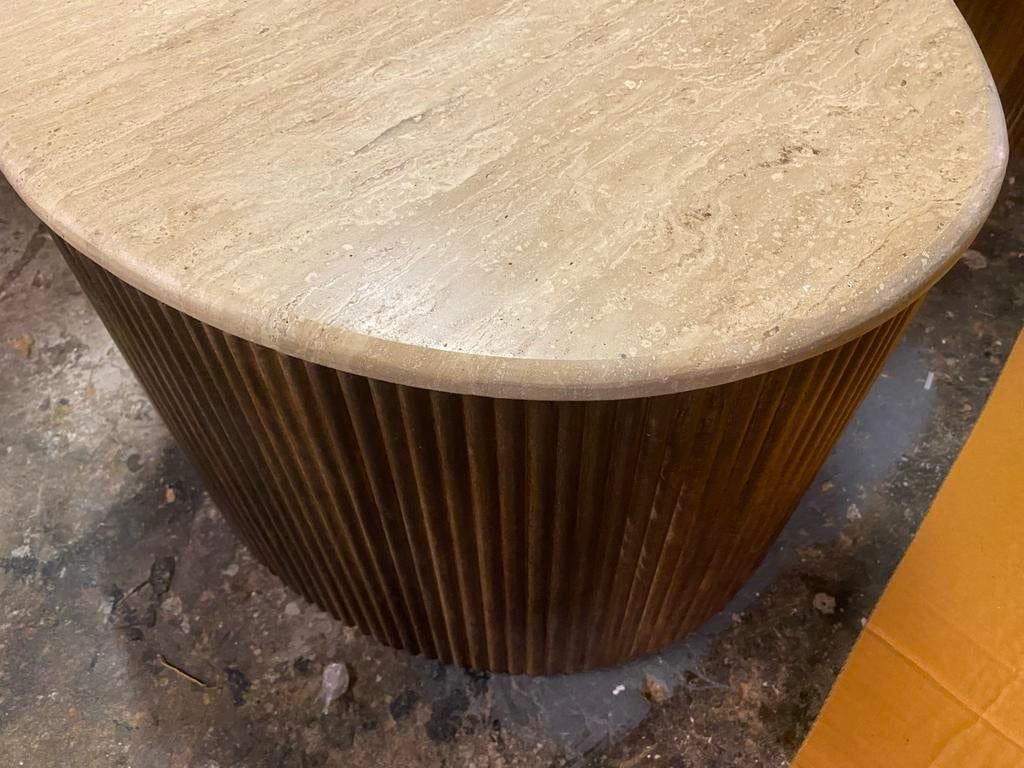 Salontafel organisch mari travertin met mangohout 129x84x36, Ophalen, 100 tot 150 cm, Nieuw, 50 tot 100 cm