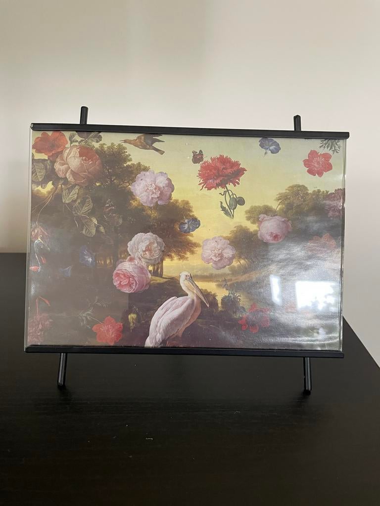 Schilderijtje met bloemen en vogel, Ophalen of Verzenden, Zo goed als nieuw, Schilderij, Minder dan 50 cm