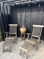 Twee houten deckchairs met vaste voetensteun en kussens, Tuin en Terras, Ophalen, Gebruikt, Hout
