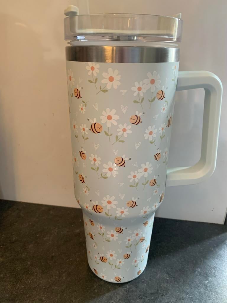 tumbler beker met rietje en bijenprint, Sport en Fitness, Bidons, Ophalen of Verzenden, Zo goed als nieuw