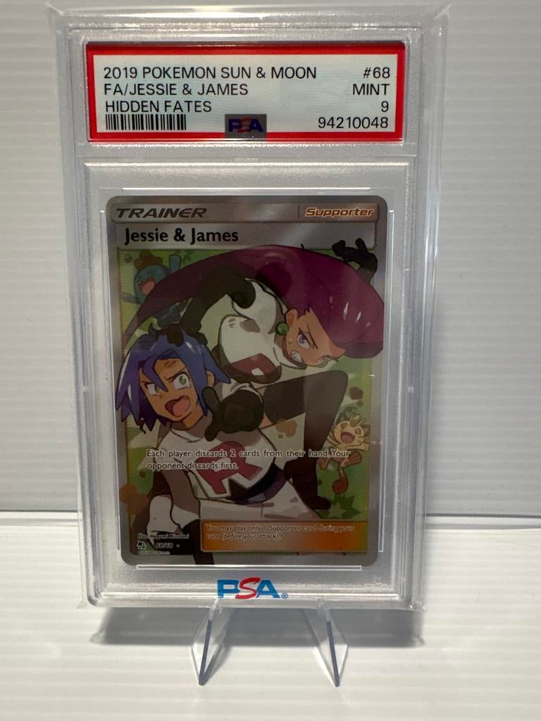 Jessie & James 68/68 Hidden Fates PSA 9 Pokemon Kaart, Ophalen of Verzenden, Zo goed als nieuw, Losse kaart