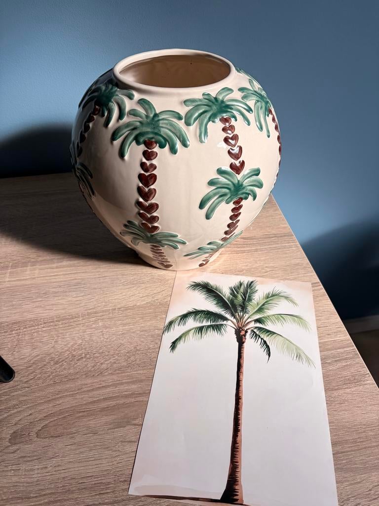 Paradiso Vaas Off-White 28x28 met Tropische Poster, Ophalen, Wit, Aardewerk of Porselein, Nieuw
