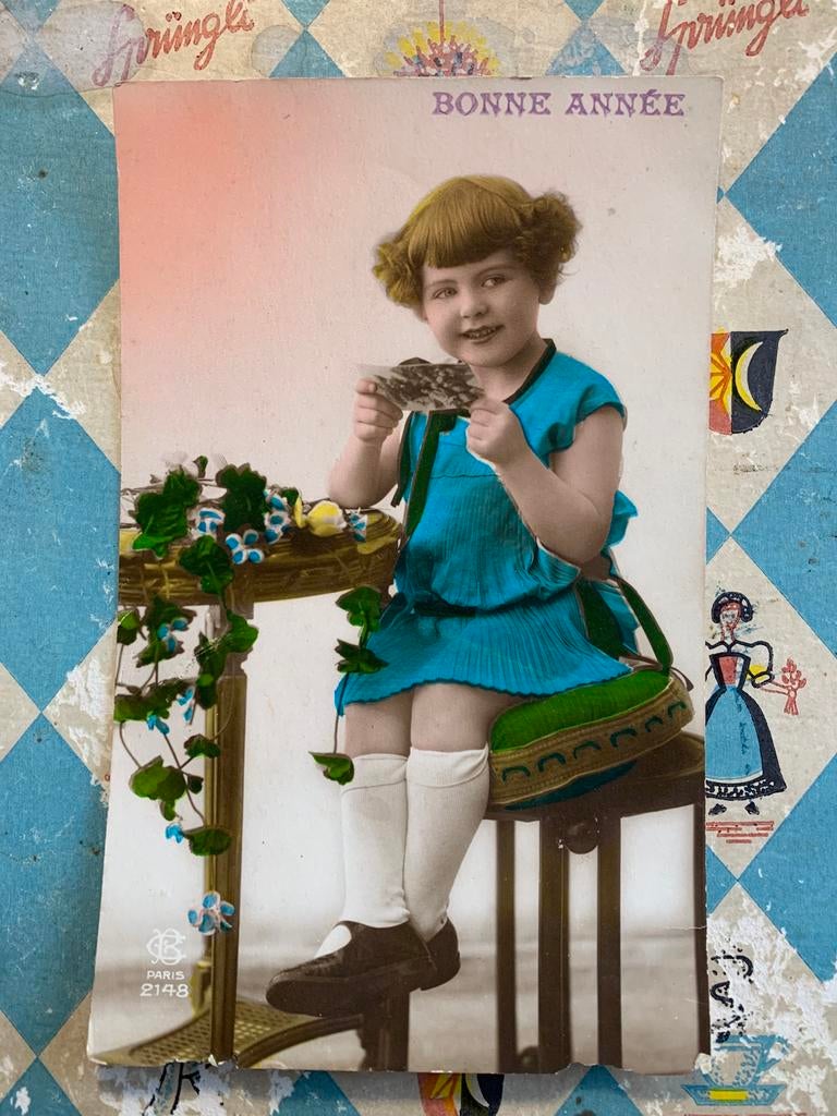 Bonne Année - meisje in blauwe jurk (NN), Ophalen of Verzenden, 1920 tot 1940, Gelopen, Feest(dag)