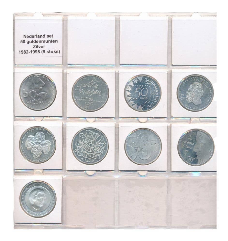 Nederland Set 50 Guldenmunten Zilver 1982-1998 (9 stuks), Postzegels en Munten, Munten | Nederland, Setje, Koningin Beatrix, Zilver