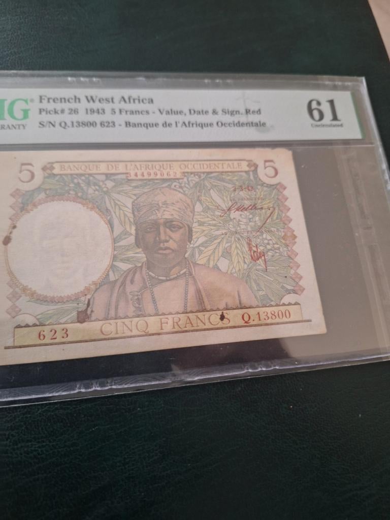 5 franc Frans West Afrika 1943 PMG 61, Postzegels en Munten, Bankbiljetten | Afrika, Ophalen of Verzenden