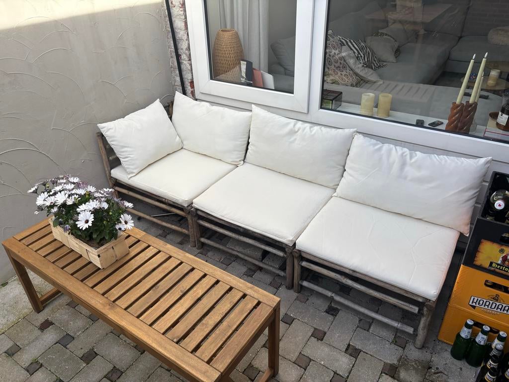 Bamboe loungeset met kussens, Overige materialen, Gebruikt, 3 zitplaatsen, Ophalen of Verzenden