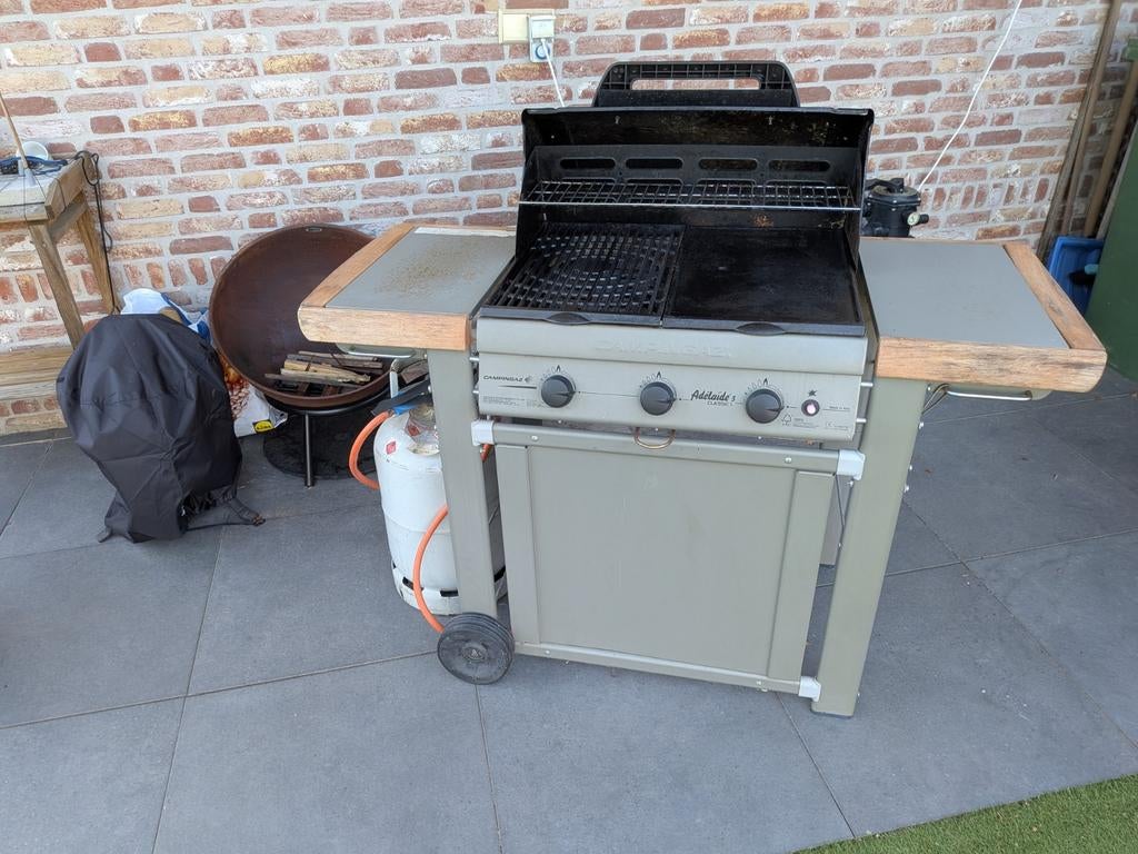 Campingaz BBQ 3 pitten, gietijzer, gasfles & hoes, Ophalen, Gebruikt, Campingaz