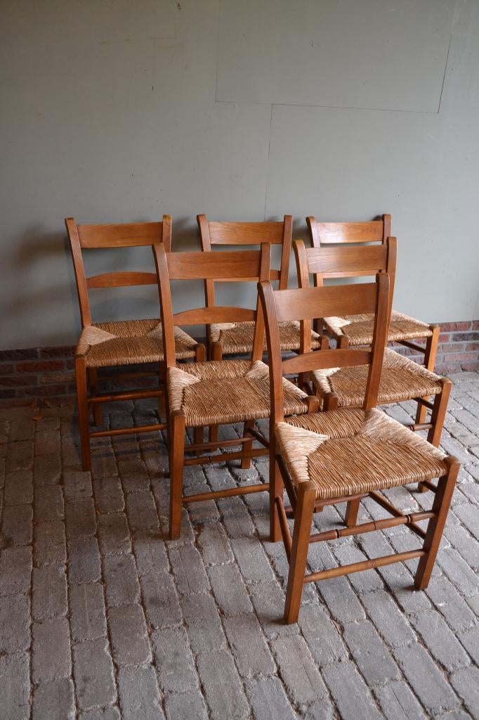 Prachtige set van 6 oude eiken kerkstoelen, keukenstoelen, Verzenden