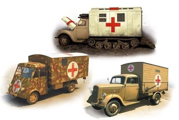 TOPSET! ICM 1:35 German WWII ambulance trucks - 3 stuks!, Hobby en Vrije tijd, Modelbouw | Auto's en Voertuigen, Overige merken