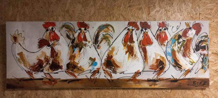 Vrolijk Kippenschilderij op Canvas - 150x50 cm, Antiek en Kunst, Kunst | Schilderijen | Klassiek, Ophalen of Verzenden