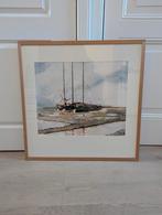 Aquarel van boten op het wad, Antiek en Kunst, Kunst | Schilderijen | Klassiek, Ophalen of Verzenden