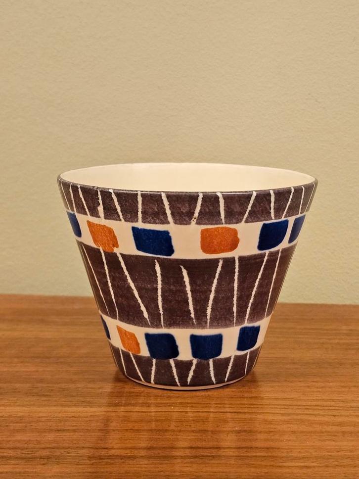 Vintage Bloempot met Geometrisch Design Blauw Oranje, Tuin en Terras, Bloempotten, Gebruikt, Aardewerk, Binnen, Balkon, Minder dan 40 cm