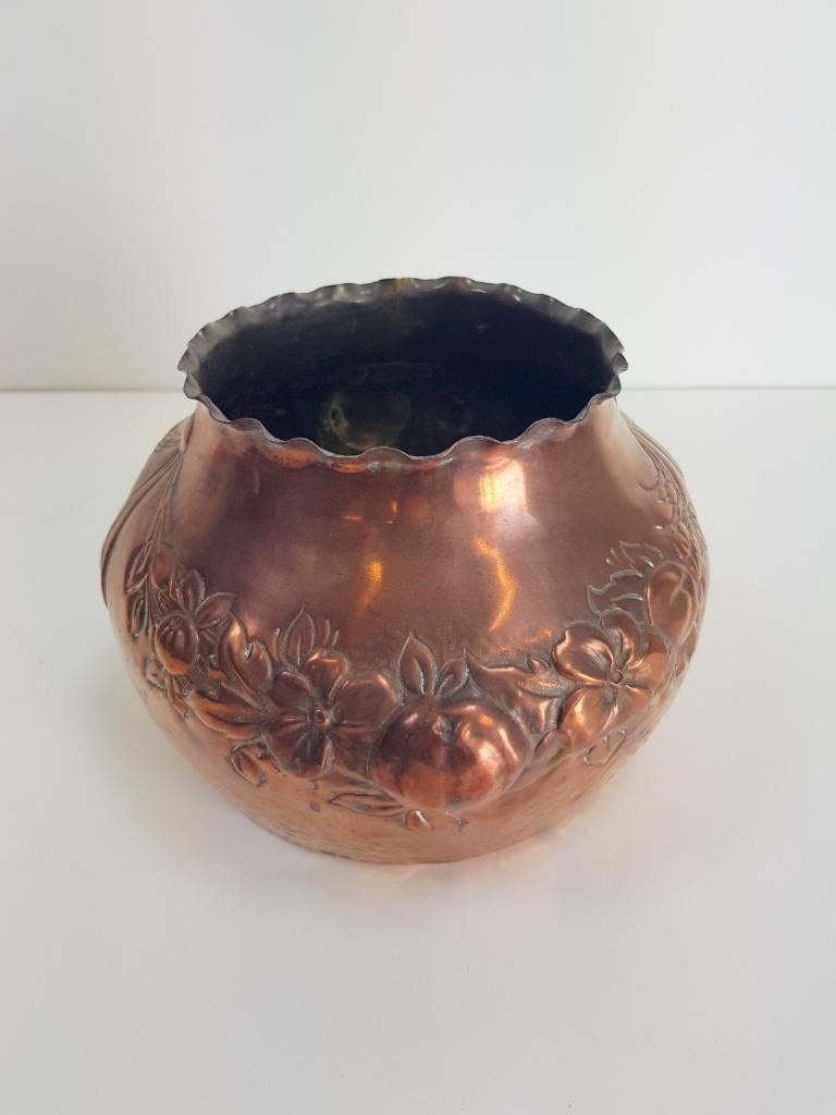 Art deco koper plantenpot zwaluwstaart handgemaakt bloempot, N, Rond, Binnen, Ophalen of Verzenden