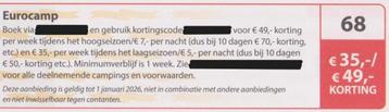 Eurocamp. € 35,- / € 49,- korting. Postcodeloterij bon nr 68 beschikbaar voor biedingen