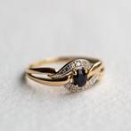 Vintage 9K gouden ring met Saffier & Diamant - 16,75, Ophalen of Verzenden, Met edelsteen, Dame, Goud