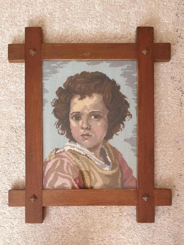Vintage ca. 1970's embroidery portrait of a boy,, Antiek en Kunst, Kunst | Schilderijen | Klassiek, Ophalen of Verzenden