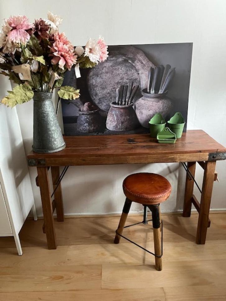 Teakhouten sidetable/bureau, stoelen, zinken kan, tafel, Huis en Inrichting, Tafels | Sidetables, Nieuw, 25 tot 50 cm, 100 tot 150 cm