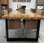 Industriële Teakhout eettafel met robuuste blad + glasplaat, Ophalen, Teakhout, 200 cm of meer, 50 tot 100 cm