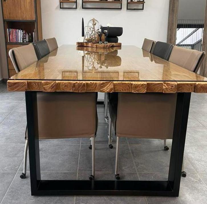Industriële Teakhout eettafel met robuuste blad + glasplaat, Huis en Inrichting, Tafels | Eettafels, Zo goed als nieuw, 50 tot 100 cm
