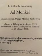 Monkel x Verhoeven 1929 Tilburg 2008 Turnhout, België, Ophalen of Verzenden, Bidprentje