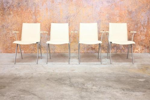 ZGAN! 4 gebroken witte leren Leolux Natello design stoelen, Huis en Inrichting, Stoelen, Zo goed als nieuw, Vier, Leer, Metaal