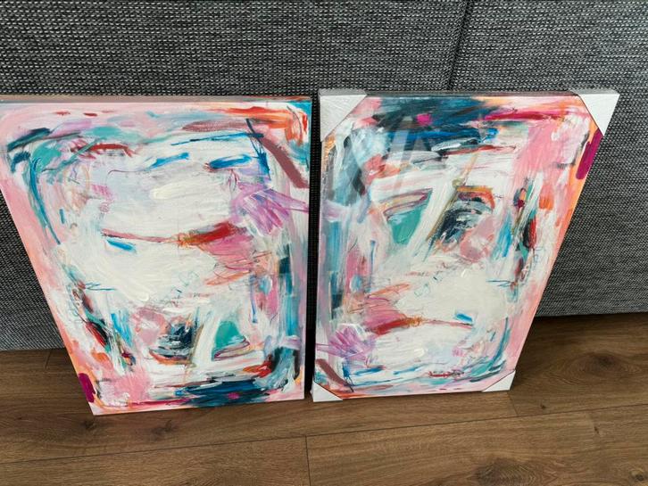 Twee canvas doeken abstract kleurrijk 60x40 cm, Huis en Inrichting, Woonaccessoires | Wanddecoraties, Zo goed als nieuw, Ophalen