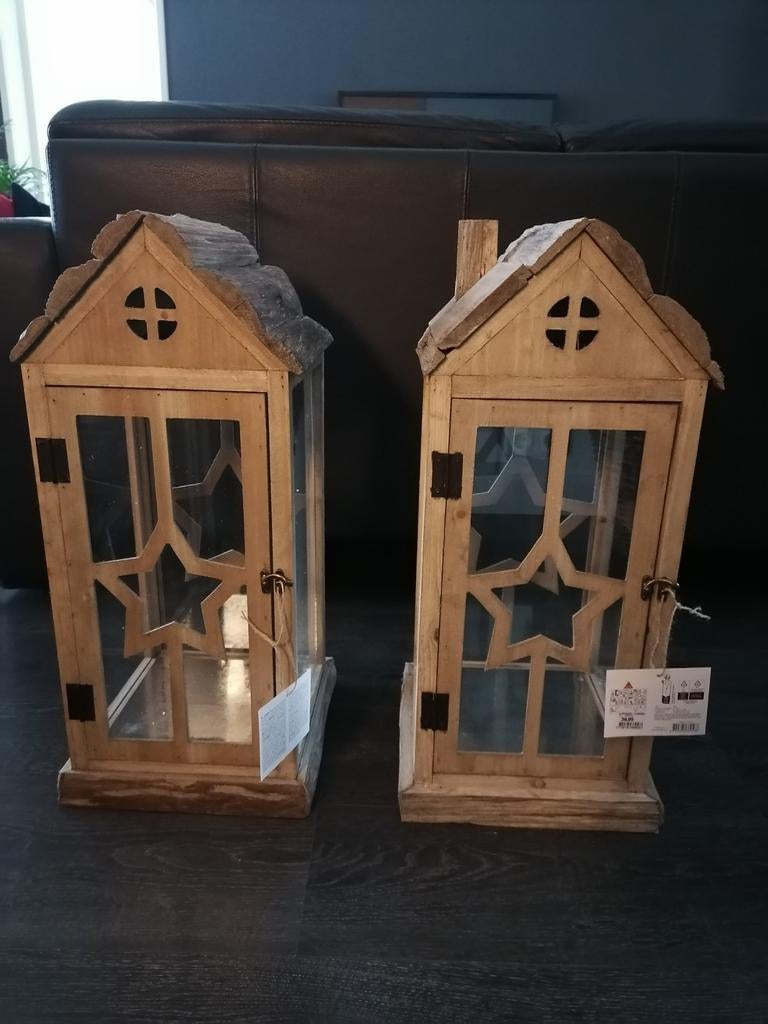 Houten lantaarns set van 2 - NIEUW, Ophalen, 25 tot 50 cm, Nieuw, Bruin