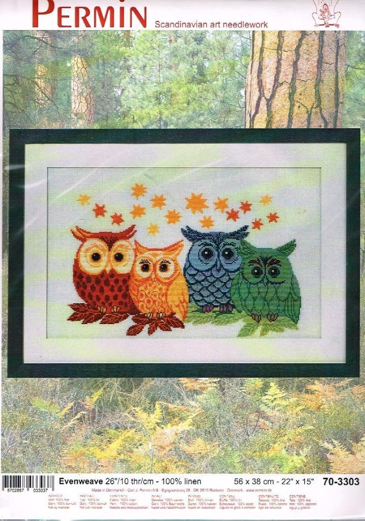 Cado aanbieding permin borduurpakket, 4 gekleurde uilen 3303, Hobby en Vrije tijd, Borduren en Borduurmachines, Nieuw, Borduurpakket