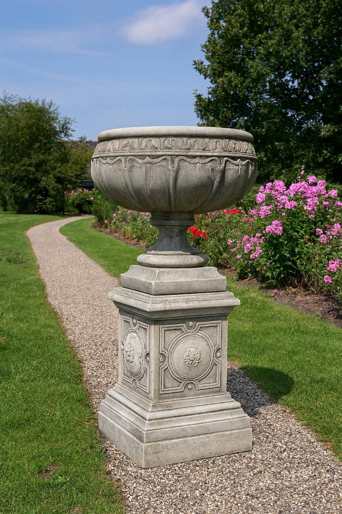 Blenheim bloempot op sokkel- dragonstone gemaakt in Engeland, Tuin en Terras, Bloempotten, Nieuw, Beton, Tuin, 40 tot 70 cm, 40 cm of meer