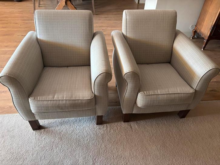 Dames fauteuils 2 stuks licht blauw met licht beige ruitje, Huis en Inrichting, Fauteuils, Zo goed als nieuw, 50 tot 75 cm, 75 tot 100 cm