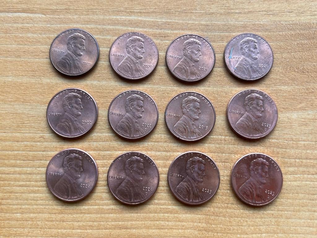 Complete set Amerikaanse pennies 2020 - 2025 uitgezonderd S, Ophalen of Verzenden, Noord-Amerika