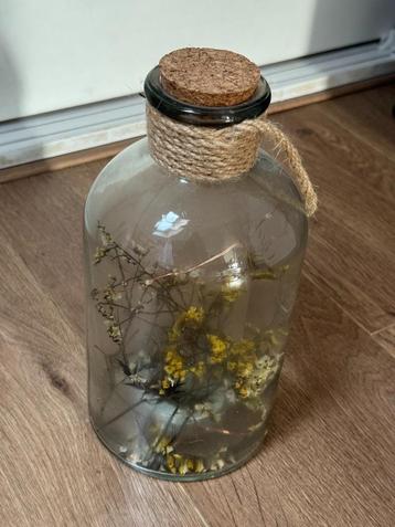 Glazen pot met nieuw lampje en droogbloemen beschikbaar voor biedingen